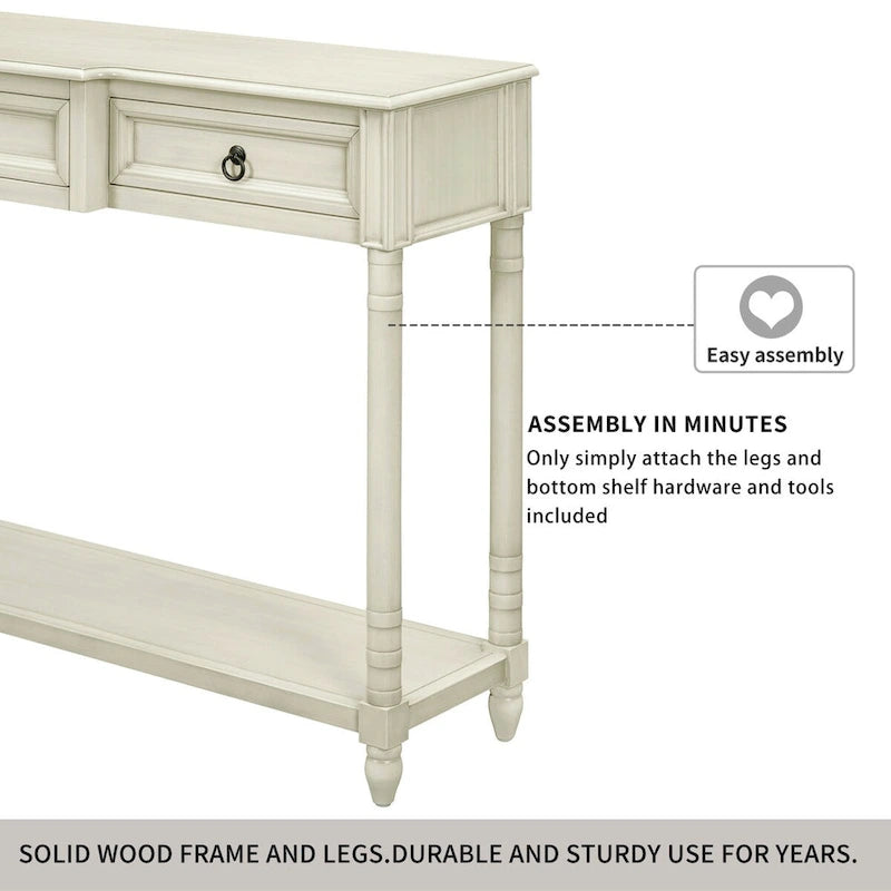 Console avec 3 tiroirs et étagère inférieure, coloris Espresso / Bleu marine vieilli / Beige / Blanc cassé, montage par 1 personne