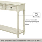 Console avec 3 tiroirs et étagère inférieure, coloris Espresso / Bleu marine vieilli / Beige / Blanc cassé, montage par 1 personne