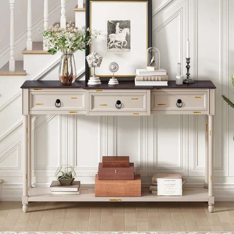 Console avec 3 tiroirs et étagère inférieure, coloris Espresso / Bleu marine vieilli / Beige / Blanc cassé, montage par 1 personne