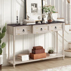 Console avec 3 tiroirs et étagère inférieure, coloris Espresso / Bleu marine vieilli / Beige / Blanc cassé, montage par 1 personne
