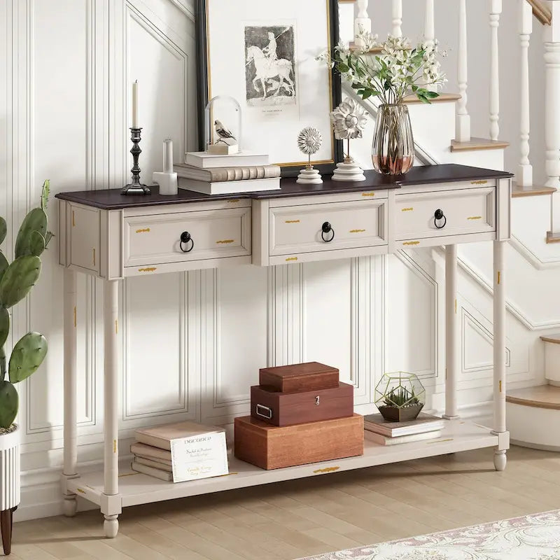 Console avec 3 tiroirs et étagère inférieure, coloris Espresso / Bleu marine vieilli / Beige / Blanc cassé, montage par 1 personne