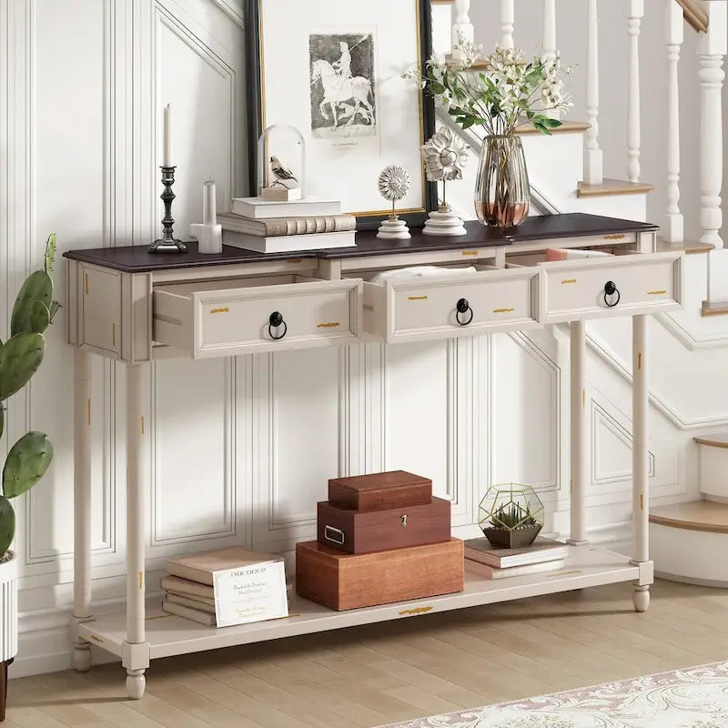 Console avec 3 tiroirs et étagère inférieure, coloris Espresso / Bleu marine vieilli / Beige / Blanc cassé, montage par 1 personne