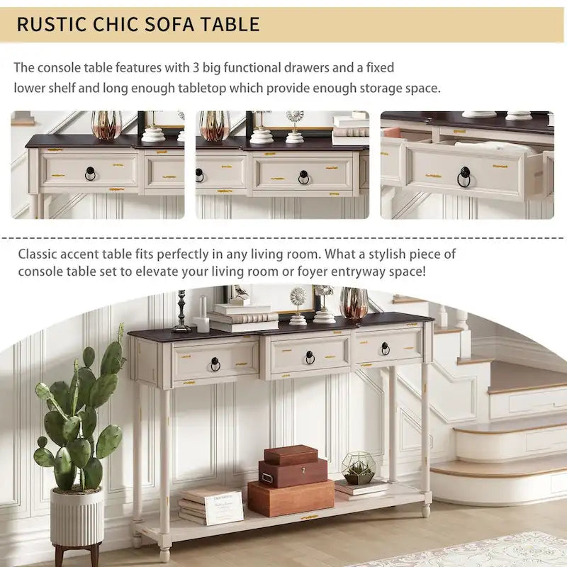 Console avec 3 tiroirs et étagère inférieure, coloris Espresso / Bleu marine vieilli / Beige / Blanc cassé, montage par 1 personne