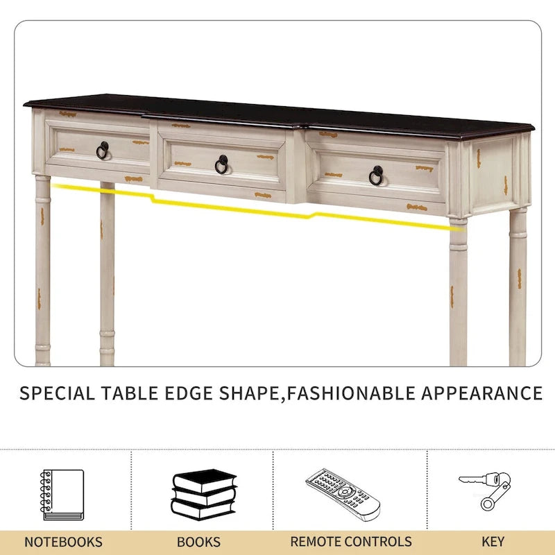 Console avec 3 tiroirs et étagère inférieure, coloris Espresso / Bleu marine vieilli / Beige / Blanc cassé, montage par 1 personne