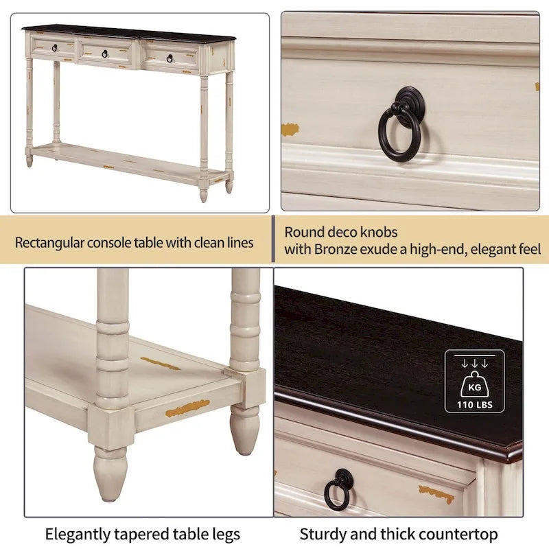 Console avec 3 tiroirs et étagère inférieure, coloris Espresso / Bleu marine vieilli / Beige / Blanc cassé, montage par 1 personne