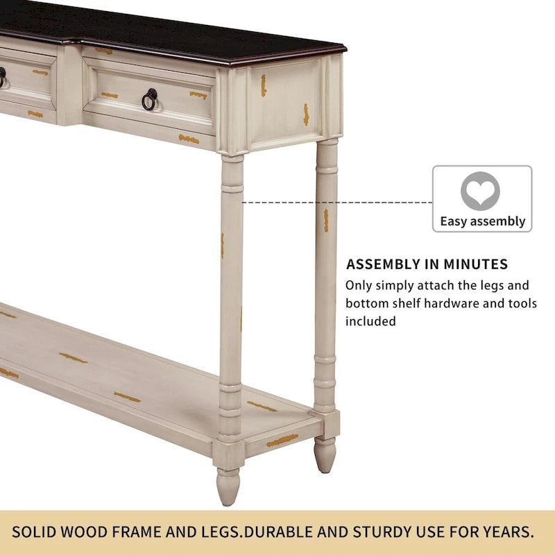Console avec 3 tiroirs et étagère inférieure, coloris Espresso / Bleu marine vieilli / Beige / Blanc cassé, montage par 1 personne
