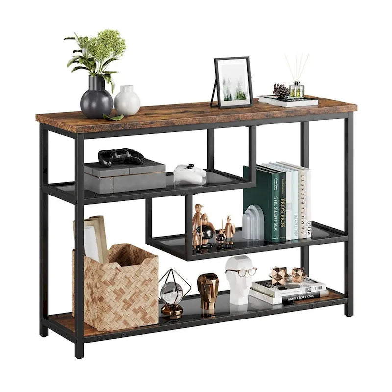 Console à 4 niveaux marron avec étagères en verre, assemblage par une seule personne