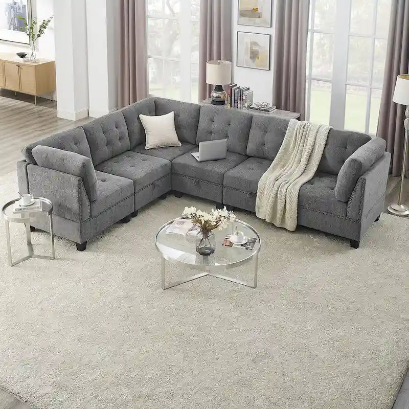 Canapé modulable en chenille grise, 6 places en L, réversible