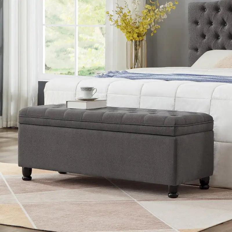 Banc de rangement capitonné gris foncé avec pieds fuseau, 1-2 personnes