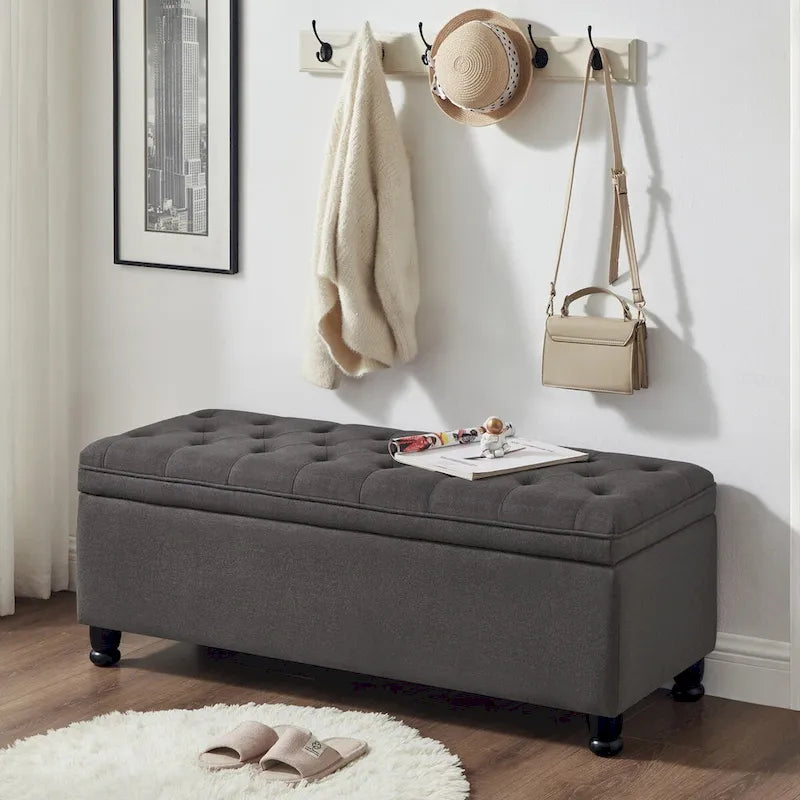 Banc de rangement capitonné gris foncé avec pieds fuseau, 1-2 personnes