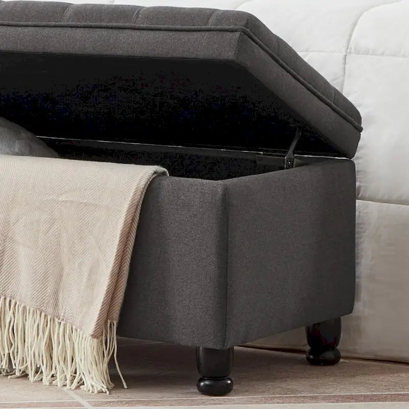 Banc de rangement capitonné gris foncé avec pieds fuseau, 1-2 personnes