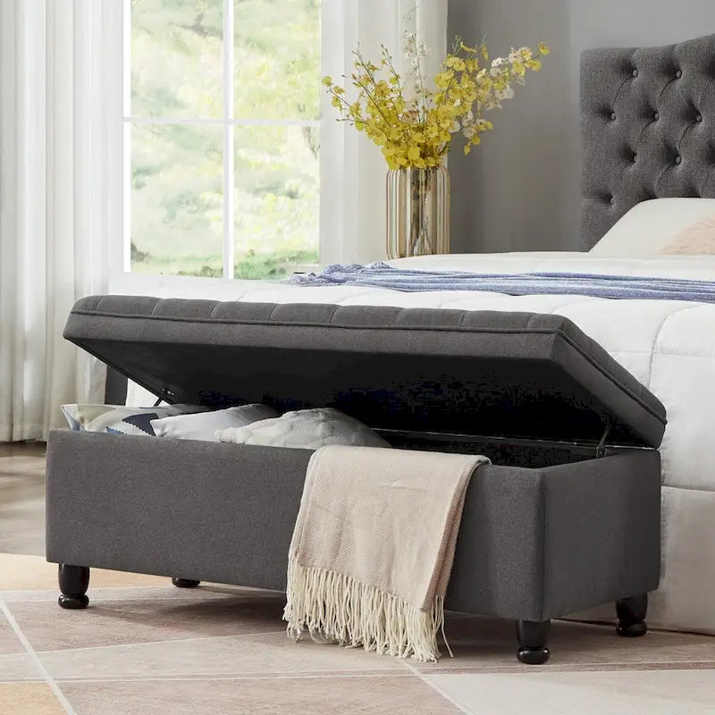 Banc de rangement capitonné gris foncé avec pieds fuseau, 1-2 personnes