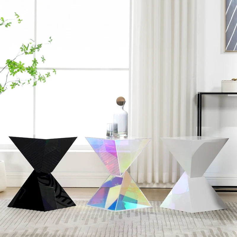 Table d'appoint en acrylique noir / blanc / irisé – Géométrique, monobloc, intérieur et extérieur