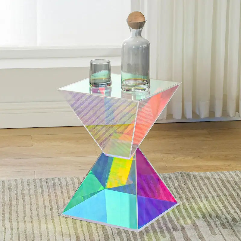 Table d'appoint en acrylique noir / blanc / irisé – Géométrique, monobloc, intérieur et extérieur