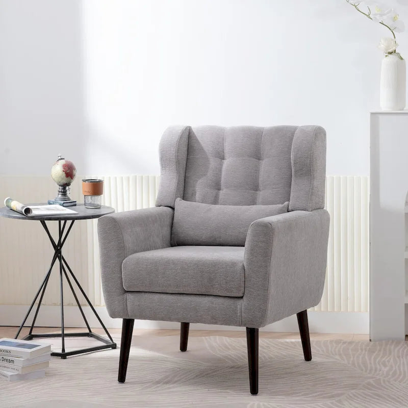 Gris / Gris Foncé / Gris Clair / Beige – Fauteuil d'appoint rembourré à une place avec pieds en bois