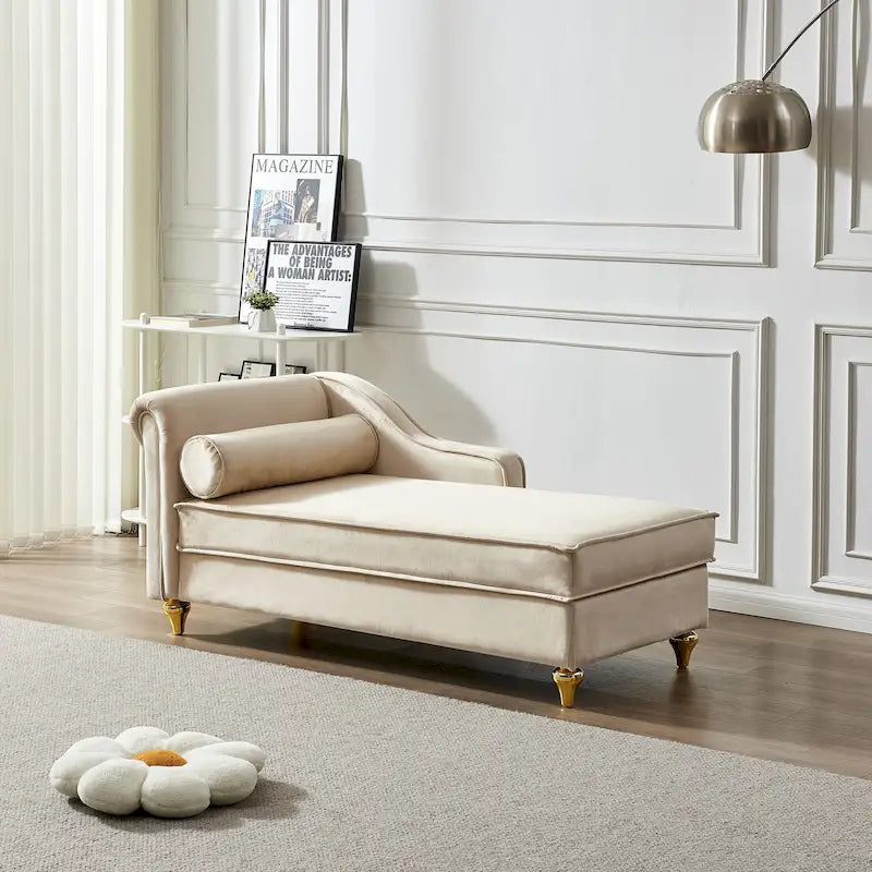 Chaise longue en velours avec rangement – Beige / Kaki / Bleu marine, Individuel