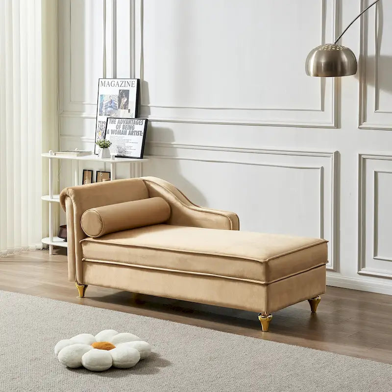 Chaise longue en velours avec rangement – Beige / Kaki / Bleu marine, Individuel