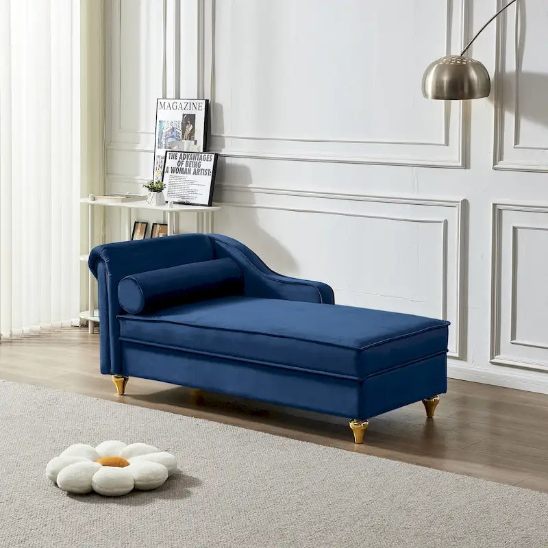 Chaise longue en velours avec rangement – Beige / Kaki / Bleu marine, Individuel