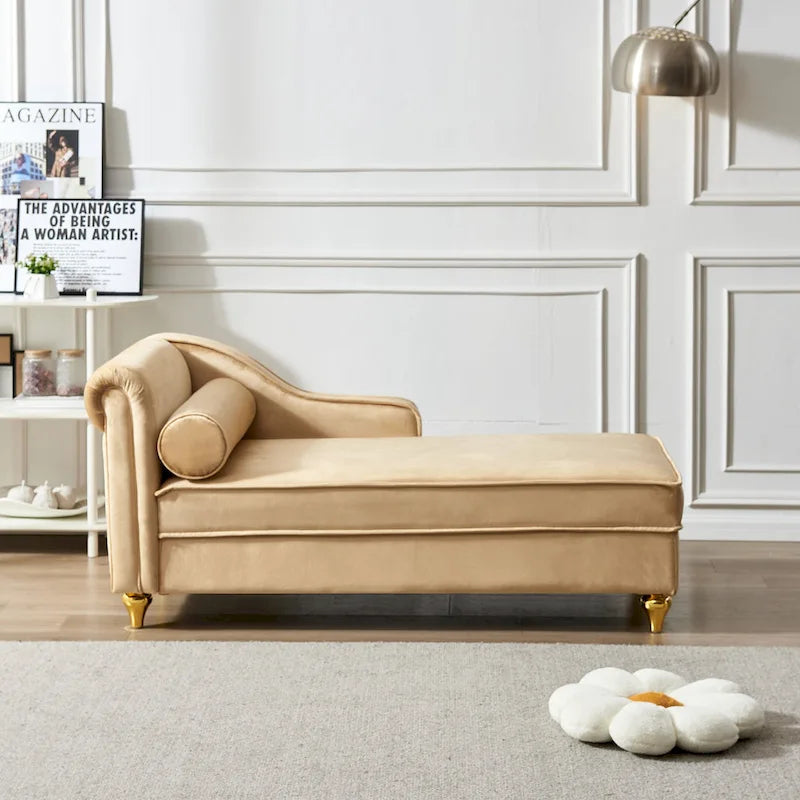 Chaise longue en velours avec rangement – Beige / Kaki / Bleu marine, Individuel
