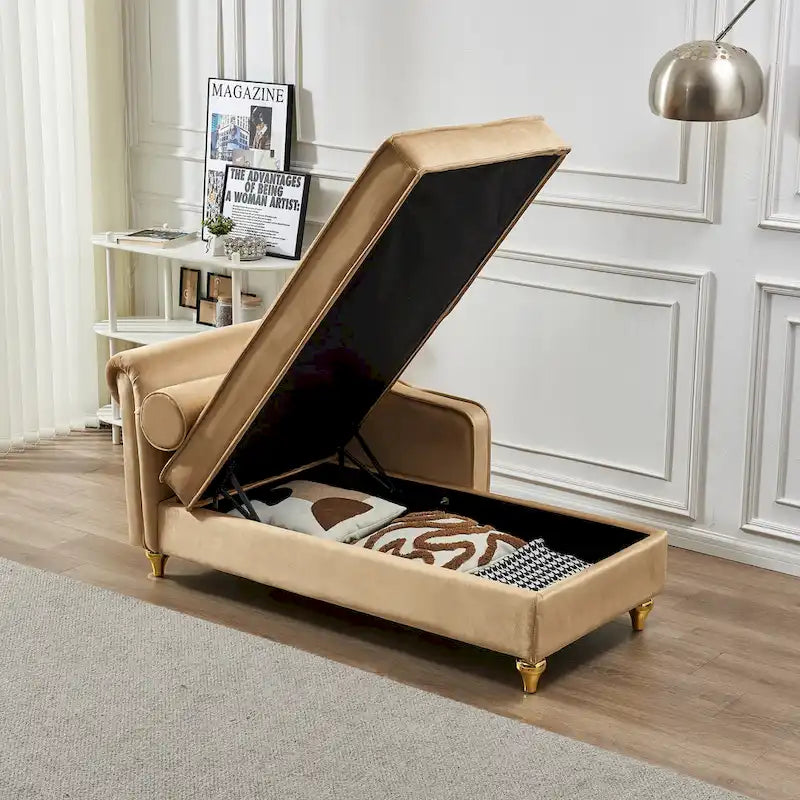Chaise longue en velours avec rangement – Beige / Kaki / Bleu marine, Individuel