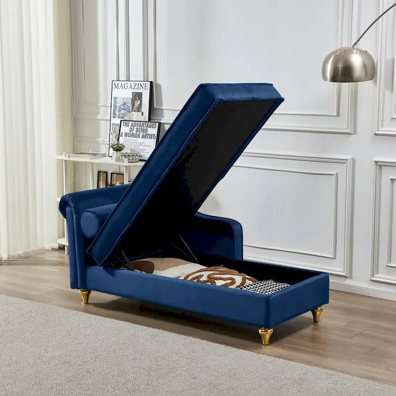 Chaise longue en velours avec rangement – Beige / Kaki / Bleu marine, Individuel