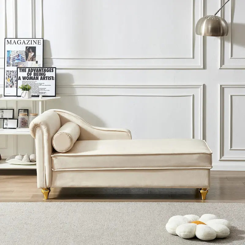 Chaise longue en velours avec rangement – Beige / Kaki / Bleu marine, Individuel