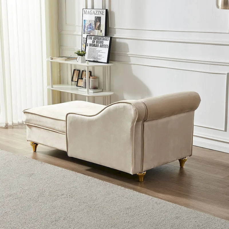 Chaise longue en velours avec rangement – Beige / Kaki / Bleu marine, Individuel