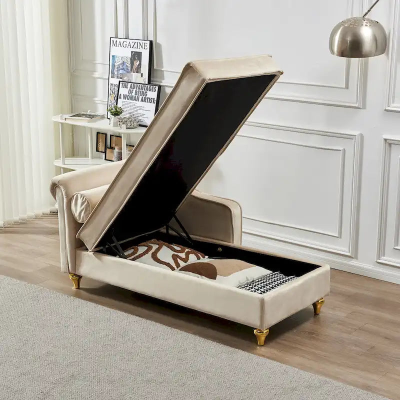 Chaise longue en velours avec rangement – Beige / Kaki / Bleu marine, Individuel
