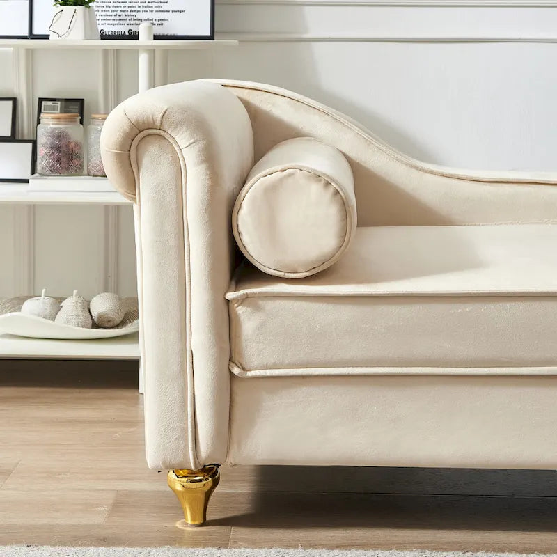 Chaise longue en velours avec rangement – Beige / Kaki / Bleu marine, Individuel