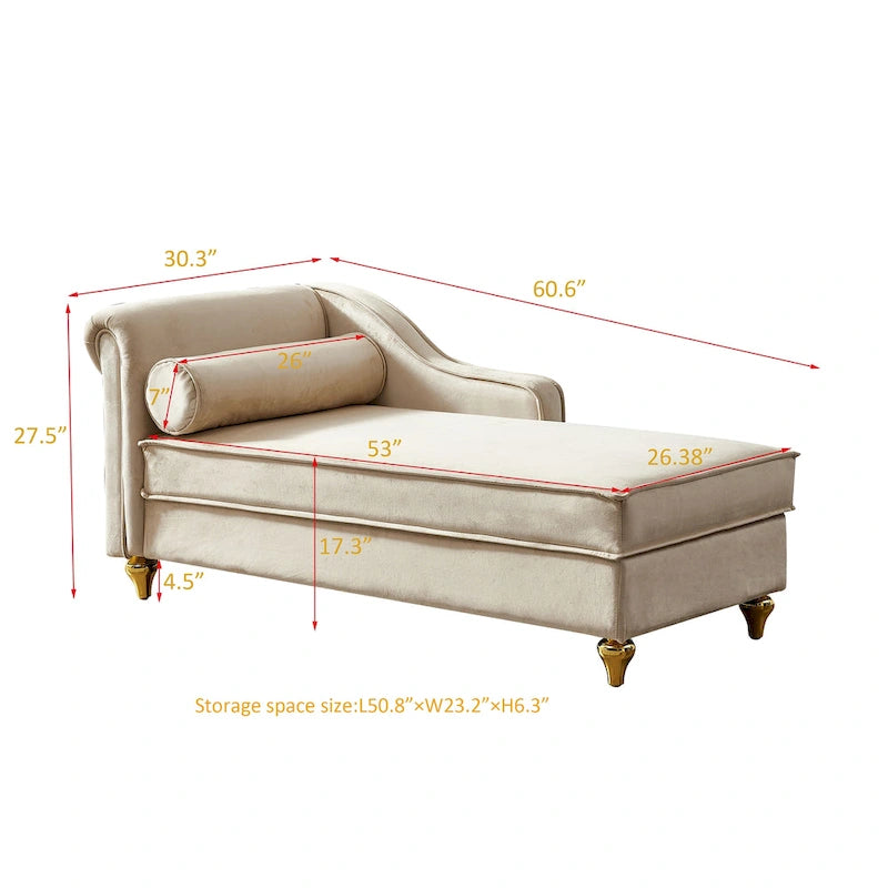 Chaise longue en velours avec rangement – Beige / Kaki / Bleu marine, Individuel