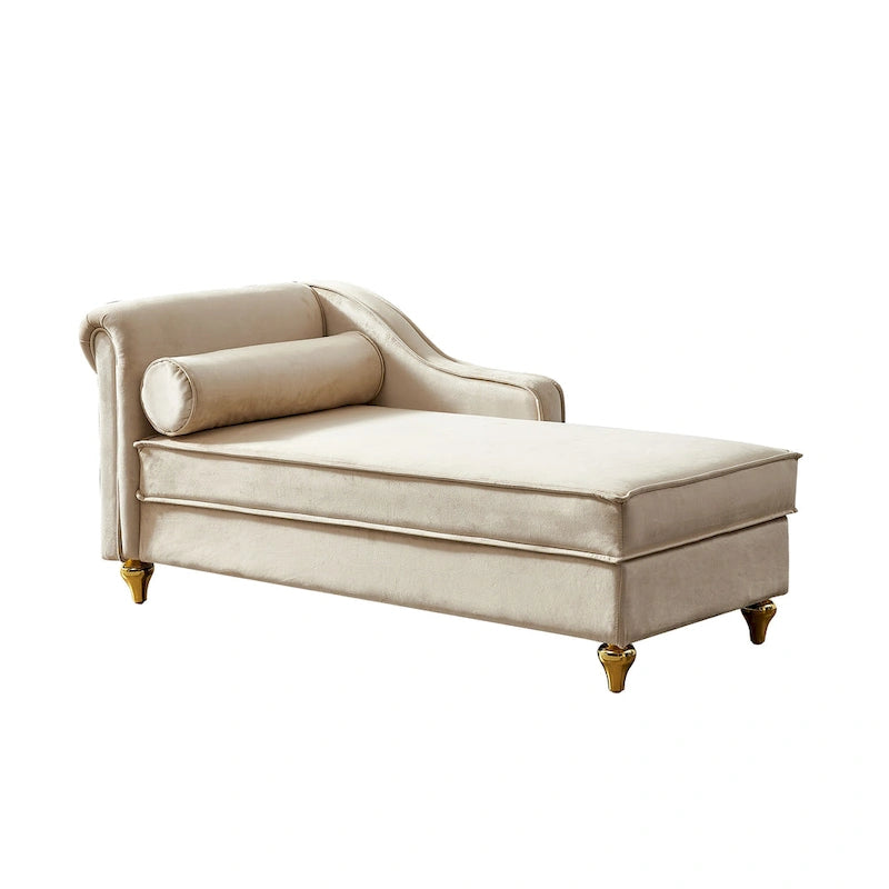 Chaise longue en velours avec rangement – Beige / Kaki / Bleu marine, Individuel