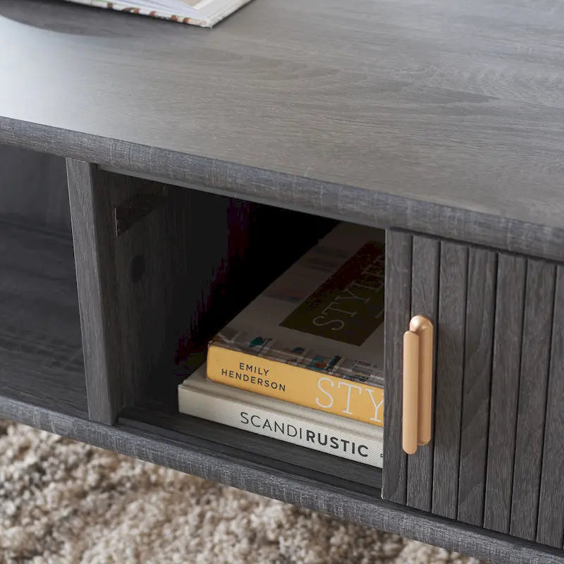 Table basse tambour à 2 portes Noyer/Or
